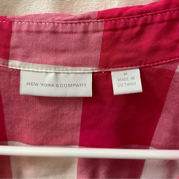 Medium Red & White Plaid V Neck Soft Button-Up Blouse Adjustable Sleeves - Picture 13 of 13